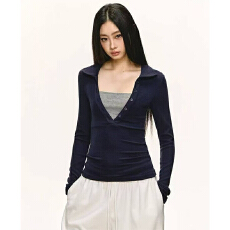批发实体档口假两件撞色长袖t恤女秋季辣妹<b class='q'>修身</b>polo深v领针织短款上衣