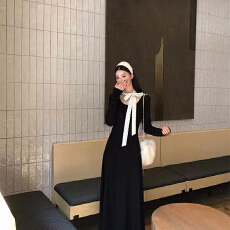 批发实体档口法式复古赫本风小波点飘带拼接长袖<b class='q'>连衣裙</b>气质高级感长裙