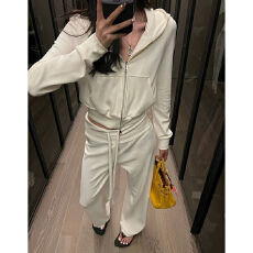 批发实体档口松弛感慵懒拉链连帽卫衣外套<b class='q'>女</b>秋季百搭直筒阔腿卫裤套装