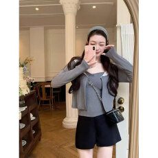 批发实体档口2025秋冬新款纯欲V领<b class='q'>蕾丝</b>休闲百搭拼接海军领针织衫套装