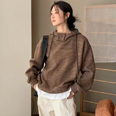 批发实体档口条纹连帽休闲百搭时尚假两件卫衣2025年冬<b class='q'>装</b>新款<b class='q'>韩版</b>上衣