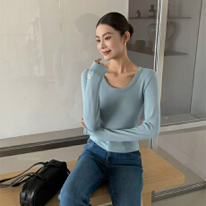 批发实体档口方领<b class='q'>长袖</b>T恤女秋冬2025年新款修身显瘦打底纯色短款上衣