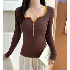 批发实力工厂方领撞色纽扣打底<b class='q'>长袖</b>秋冬磨毛绒内搭修身显瘦外穿上衣潮