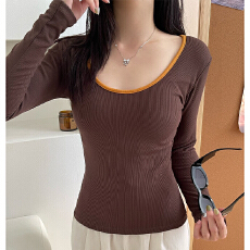 批发实力工厂撞色方领锁骨<b class='q'>长袖</b>t恤女秋冬一体式内搭打底衫修身显瘦衣