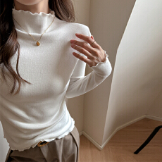 批发实力工厂木耳边半高领修身内搭打底衫女简约<b class='q'>长袖</b>t恤高级感小上衣