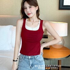 批发实力工厂新款<b class='q'>假两件</b>蕾丝边磨毛保暖背心女带胸垫内搭外穿无袖<b class='q'>上衣</b>