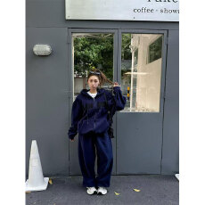 批发实体档口2025秋冬<b class='q'>新款</b>韩系宽松加厚保暖连帽卫衣开衫+卫裤套装女