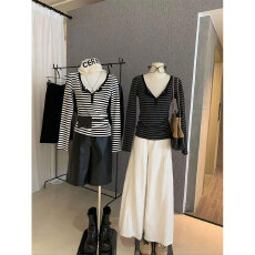 批发实体档口百搭<b class='q'>条纹</b>休闲显瘦打底衫上衣女秋冬通勤套头简约长袖T恤