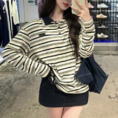 批发实体档口2025复古<b class='q'>条纹</b>polo领宽松百搭大码上衣设计感慵懒长袖T恤