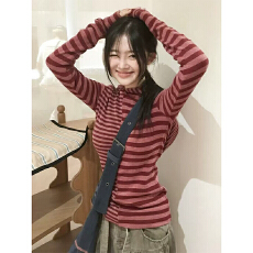 批发实体档口25秋季日系学院风不对称<b class='q'>条纹</b>连帽卫衣修身长袖T恤上衣女