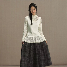 批发实体档口25年秋冬新款韩系假两件内搭半高领蕾丝<b class='q'>网纱</b>打底衫女t恤