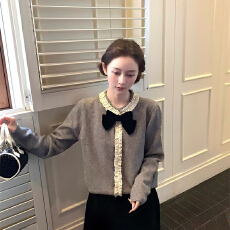 批发实体档口拼接长袖针织衫女秋款立体蝴蝶结<b class='q'>开衫</b>设计感超好看短外套