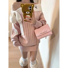 批发实体档口一字肩针织<b class='q'>连衣裙</b>女秋冬季甜美风<b class='q'>蝴蝶结</b>系带毛衣休闲上衣