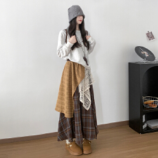 批发实力工厂蕾丝不规则拼接格子半身裙女秋冬撞色高腰A字大摆半身裙