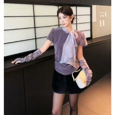 批发实体档口2025冬季新款优雅蝴蝶结丝绒短袖<b class='q'>上衣</b>女气质配袖套小衫