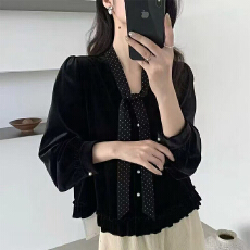 批发实体档口法式V领波点飘带丝绒衬衫女25秋冬百搭打底衫高级感<b class='q'>上衣</b>