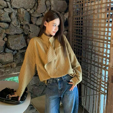 批发实体档口2025年秋冬艺术系韩女蓝色仿铜氨立领条纹衬衫女长袖<b class='q'>上衣</b>