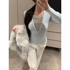 批发实体档口25秋冬新款轻奢V领假两件<b class='q'>针织衫</b>女长袖修身气质打底上衣