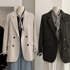 批发实体档口25早秋新宽松撞色袖口拼接<b class='q'>西装</b>外套女长袖上衣双排扣西服