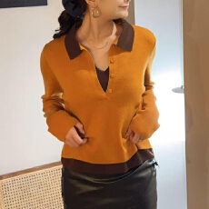 批发实体档口假两件长袖针织衫女2025秋季<b class='q'>短</b>款POLO领撞色拼接百搭上衣