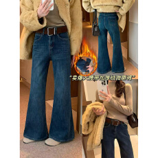 批发实体档口2025年冬季新款设计感高腰加绒牛仔微喇裤女显瘦阔腿裤