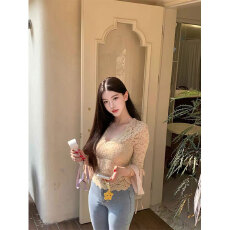 批发实体档口性感V领镂空植绒蕾丝打底衫女内搭秋冬<b class='q'>短</b>款纯欲显瘦上衣