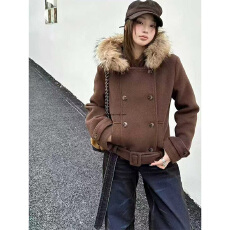 批发实体档口2025年冬季新款毛领双排扣<b class='q'>短</b>款大衣连帽外套女收腰加厚