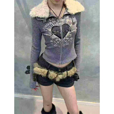 批发实体档口字母印花羊羔毛领长袖t恤开衫女设计感修身<b class='q'>短</b>款外套上衣