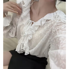 批发实体档口浪漫风V领荷叶边系带<b class='q'>衬衫</b>女2025冬季设计感小众气质上衣