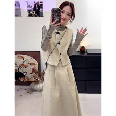 批发实体档口2025年冬款女百搭显瘦马甲+半身裙打底配包包四件套套装