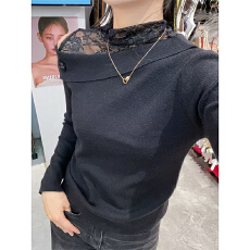 实力工厂设计感蕾丝拼接露肩斜肩优雅气质针织衫2025秋冬百搭上衣