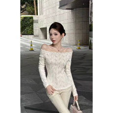 实体档口时尚气质纯欲风一字领蕾丝打底衫女新款修身显瘦收腰上衣