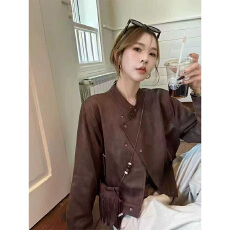 批发实体档口复古麂皮绒斜扣夹克<b class='q'>上衣</b>女休闲高级感小个子机车短外套