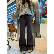 实体档口美式加绒高腰微喇裤女秋冬弹力修身显瘦抽绳运动喇叭裤子