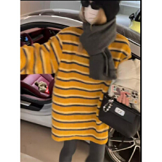 实体档口中长款加厚毛绒感条纹长袖T恤女秋冬遮屁股内搭打底上衣