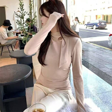 批发实体档口设计感飘带领长袖t恤女秋季收腰显瘦高级感正肩<b class='q'>打底</b>上衣