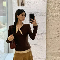 批发实体档口25新款秋冬长袖t恤假两件美式咖色修身上衣内搭<b class='q'>打底</b>衫女