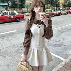 批发实体档口2025年秋<b class='q'>冬</b>新款斜纹咖色丝绒花苞蝴蝶结休闲背心裙短裙