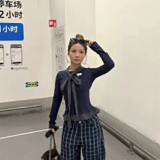 实体档口格纹蝴蝶结绑带长袖T恤女韩系2025年早秋修身显瘦上衣