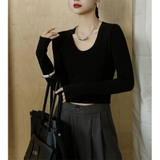 批发实体档口秋冬新款U领加绒软糯T恤女长袖韩版显瘦短款上衣<b class='q'>打底</b>衫