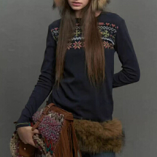 批发实体档口秋冬季费尔岛印花长袖女慵懒舒适内搭打底衫修身显瘦上衣