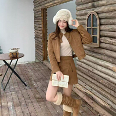 批发实体档口25新款时尚女立领长袖短款外套+<b class='q'>高腰</b>裙两件套装加羽绒里