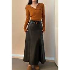 批发实体档口皮裙半身裙秋冬超火加绒真皮大摆裙pu皮a字裙<b class='q'>中长款</b>伞裙