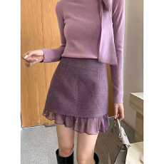 批发实体档口2025秋冬气质纯色拼纱羊毛半身裙女小众包臀A字短裙子