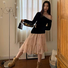 批发实体档口2025冬装新款网纱波点木耳边半身裙女不规则中长款裙子