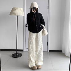 批发实力工厂新款拼接纹路设计感可卷边直筒长裤加绒加厚保暖休闲裤子