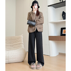 批发实力工厂糯米裤女春<b class='q'>秋</b>季新款加绒高腰直筒垂感慵懒羊绒宽松阔腿裤