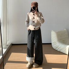 批发实力工厂秋冬东北棉裤加厚羊羔毛一条过冬条纹显瘦宽松休闲长裤女