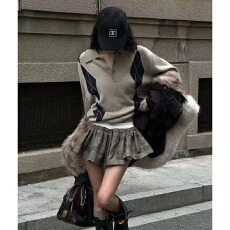 批发实体档口复古港味风<b class='q'>条纹</b>设计感松紧系带半身短裙文艺学院宽松裙子