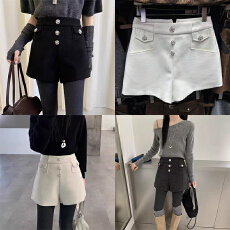 实体档口新款小香风钻扣设计感法式高腰阔脚短裤简约大气毛呢裤子